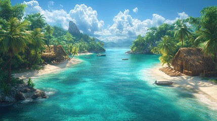 Tropical island paradise, serene beach, calm water, perfect getaway, breathtaking view, ideal for vacation, holiday, or travel promotion