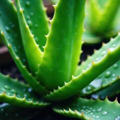 Water beads shimmering on thick aloe vera foliage , medicine, dew, skincare
