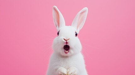Fototapeta premium Cute White Bunny with Pink Background Making Surprised Expression in Bright Studio Lighting