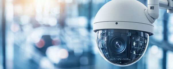 A close-up of a modern security camera, showcasing its lens and design, set against a blurred background of a busy environment.