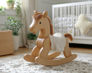 charming wooden rocking horse with cozy blanket, perfect for child room. This delightful piece adds warmth and playfulness to any nursery or play area
