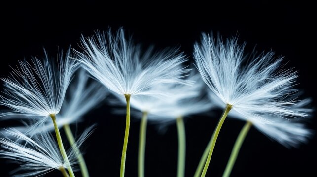Macro close-up of delicate dandelion seeds floating against a black background, showcasing intricate details and soft feathery structure. Nature, botany, and minimalism concept