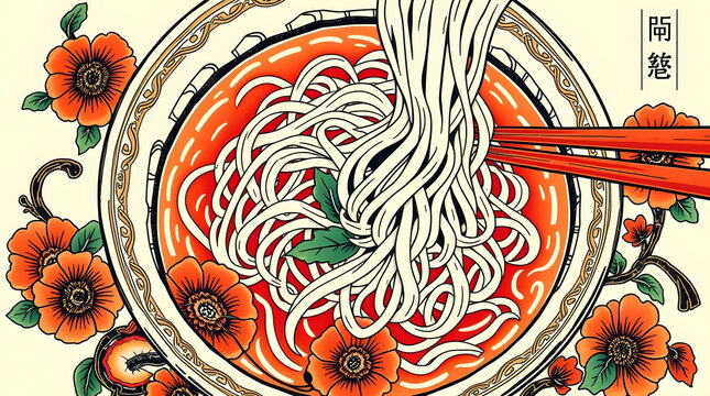 Ramen noodles bowl with poppy floral illustration, traditional Asian food art with graphic design