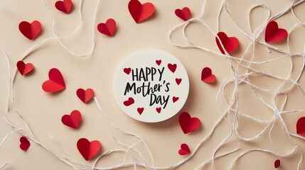 Happy mother's day greeting card surrounded by red hearts and white twine