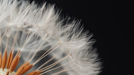 Macro close-up of delicate dandelion seeds with intricate details against a black background, showcasing nature's beauty, fragility, and botanical elegance in a minimalist composition