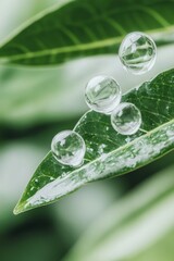 Water droplets rest on lush green leaves, symbolizing the essential role of water in the production of green hydrogen for clean energy solutions