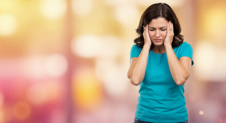 Woman with headache, distressed expression, holding her head, blurred background, for news, blogs, medical and health information publishers, with copy space