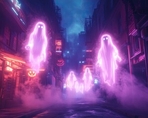 Vibrant ghostly figures in neon-lit street.