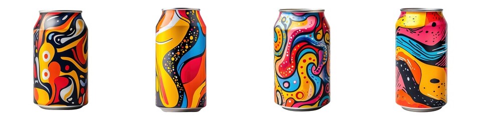 Fototapeta premium Collection of Colorful Abstract Soda Can Design with Vibrant Swirls and Bold Artistic Patterns on Transparent Background
