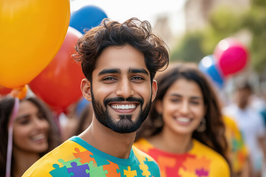 a group of smiling indian volunteers at an autism awareness fundraiser, wearing colorful shirts with puzzle patterns and holding balloons