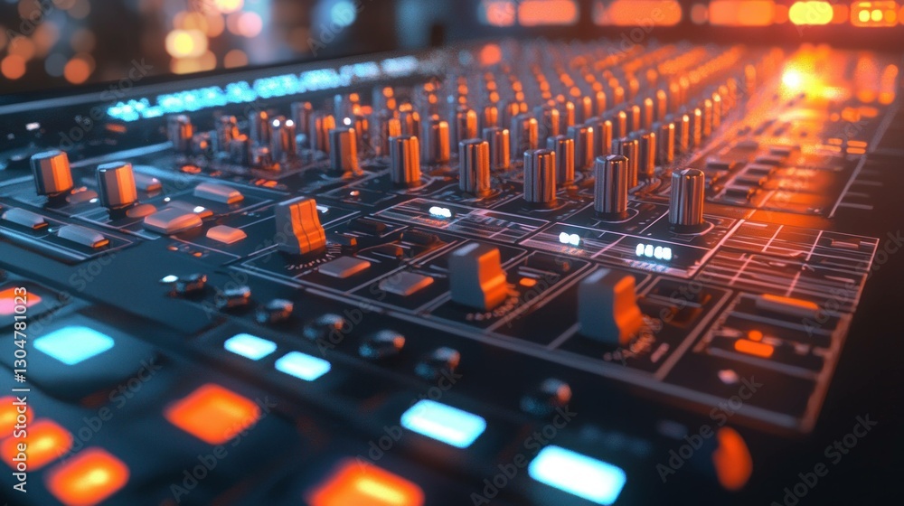 Poster close up view of a colorful sound mixing console with illuminated buttons and knobs, showcasing a mo