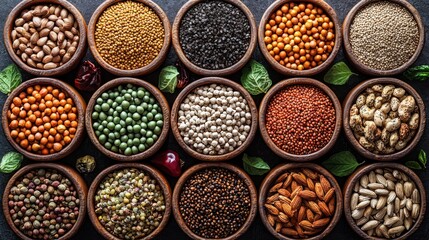 Variety of seeds and grains in small bowls, arranged on dark surface.  Possible use for food blog, nutrition, or health articles