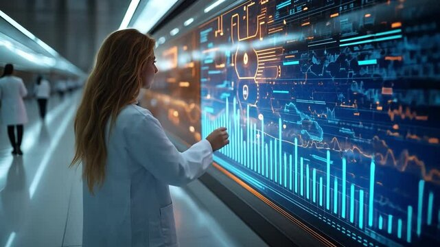 Data Analysis at Forefront: A dedicated scientist is deeply engrossed in scrutinizing intricate data visualizations on a vast interactive screen, within a futuristic setting.