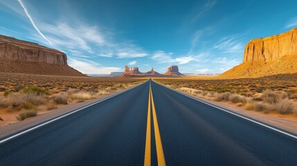 Scenic Highway Through Monument Valley Landscape at Sunset