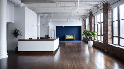 Fototapeta premium Modern office lobby with hardwood floors and large windows