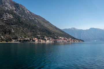View of the small town of Perast from across the water in Kotor bay, Montenegro