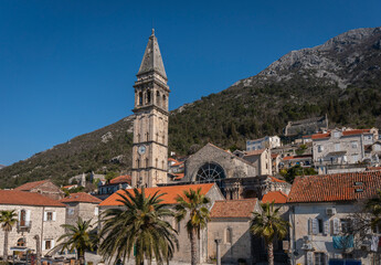 Obraz premium St Nicholas Church tower in the small town of Perast in Kotor bay, Montenegro