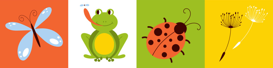 Cute cartoon cards with butterfly, ladybug, frog and seeeds. Childrens elements set, greeting card, invitations. Vector flat illustrations
