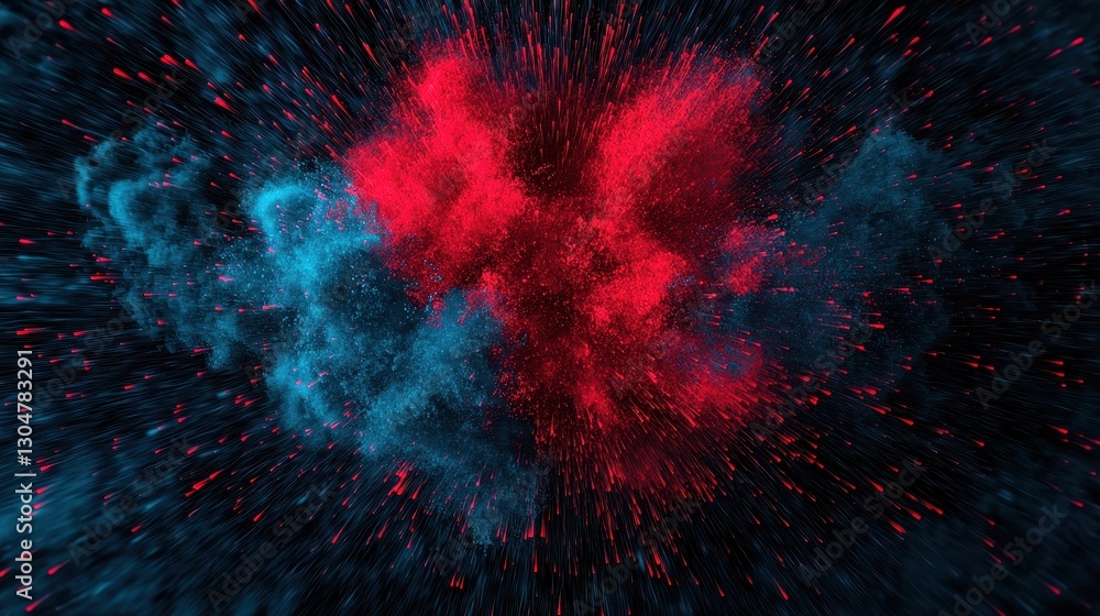 Poster dynamic explosion of colorful particles in blue and red against a dark background creating an abstra