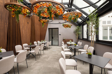Elegant Dining Space with a Modern Floral Ceiling