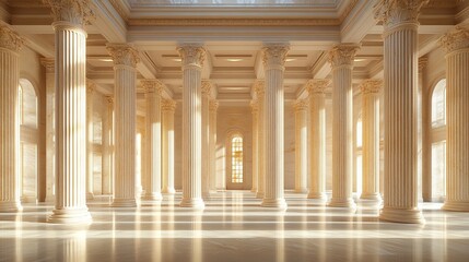 Naklejka premium Sunlit hall with marble columns and floor create an ethereal atmosphere. Architectural grandeur fills the space with classical elegance.