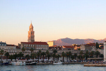 Contemporary buildings, gardens and beaches at the waterfront in Split, Croatia. View of Split from the boat.