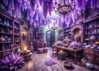 Surreal Violet Shop: Dreamlike Amethyst Interior with Floating Crystals and Lavender Haze