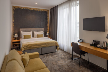 Interior of a double bed hotel bedroom