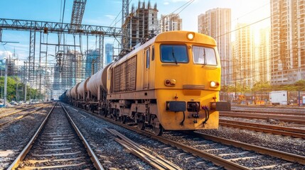 Obraz premium Bright Yellow Freight Train on Urban Railway Tracks at Sunset