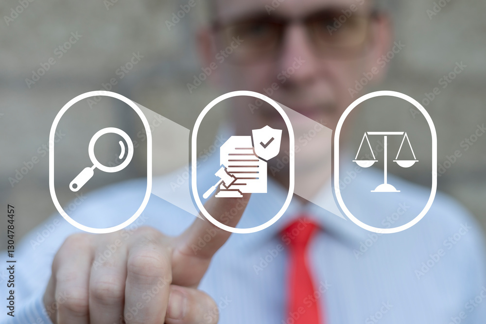 Poster business person using virtual touch screen push icon of document list, shield check, gavel symbolizi