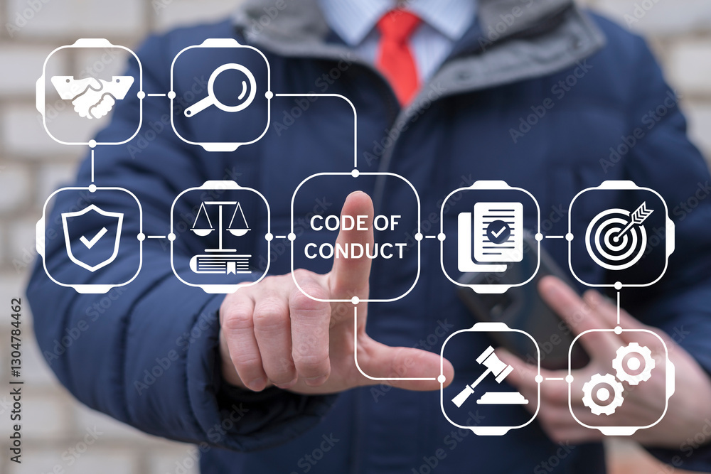 Poster business person using virtual touch screen push inscription: code of conduct. code of conduct busine