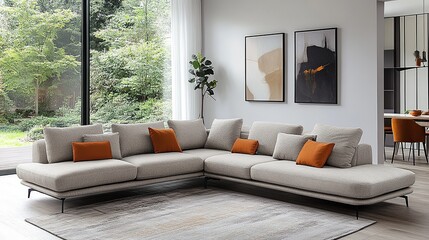 Obraz premium A modern and stylish sectional sofa with comfortable cushions and a serene living space. The perfect place to relax and unwind.