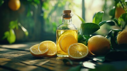 golden lemon infusion a vibrant elixir of citrusy goodness in a glass bottle sitting amidst fresh lemons and verdant foliage