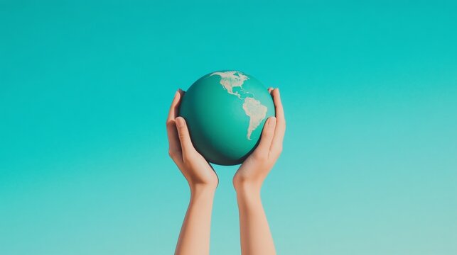 Global Stewardship: A pair of hands gently cradles a vibrant, teal-colored globe against a clear, azure sky, representing responsibility and care for our planet.