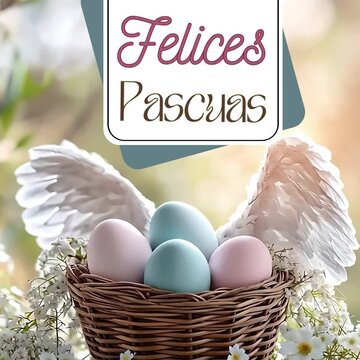 Hermosa tarjeta animada con la inscripci&oacute;n Feliz Pascua; fondo primaveral con canasta de Pascua llena de huevos de colores pastel; fondo bokeh
