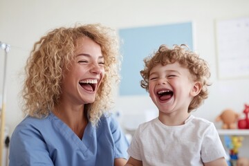 Joyful interaction between caregiver and child in bright, cheerf