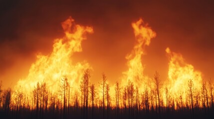 Intense Wildfire Flames Erupting Against Darkening Sky with Silhouetted Trees in the Foreground