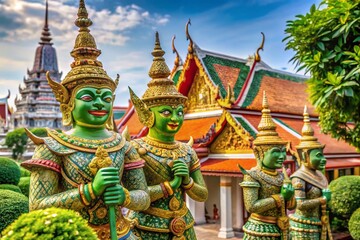 Fototapeta premium Thailand Temple Grounds: Ornate Deities Statues, Spiritual Statuary, Buddhist Shrine Decor