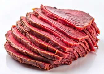 Fototapeta premium Thinly Sliced Pastrami on White Background - Gourmet Deli Meat Stock Photo