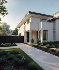 Modern Minimalist House Exterior with Elegant Landscaping, Generative AI