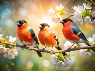 Fototapeta premium Three Bullfinches on Branch, Spring Sunlight, Tilt-Shift Photography