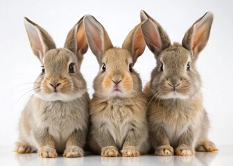 Fototapeta premium Three Cute Rabbits Posing Together on White Background - Adorable Bunny Trio Stock Photo