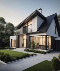 Modern Minimalist House Exterior with Elegant Landscaping, Generative AI