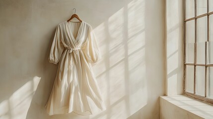 Elegant Cream Wrap Dress Hanging In Sunlight