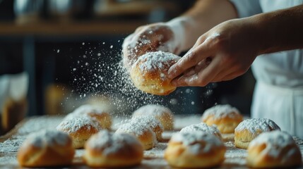 culinary artist delicately dusting sweet buns with powdered sugar creating a whimsical snowing effect enhancing their visual appeal and tempting taste