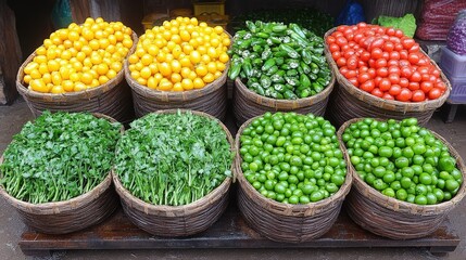 Colorful vegetable display at Asian market stall