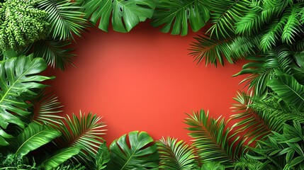 Tropical leaves frame on coral background (1)