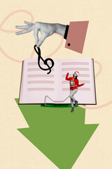 Vertical art trend collage of happy girl wear santa claus hat dance open book hand hold treble clef note learning notepad party