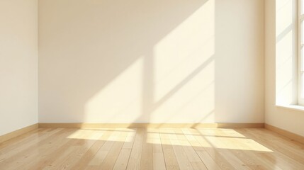 Obraz premium Sunlight Illuminates an Empty Room with Light Hardwood Floors and Neutral Walls, Providing a Serene and Minimalist Setting for Design Inspiration