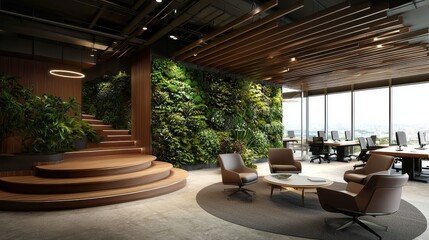 Fototapeta premium Modern 3D Rendering of an Inviting Office Interior Featuring a Vertical Garden and Cozy Seating Area